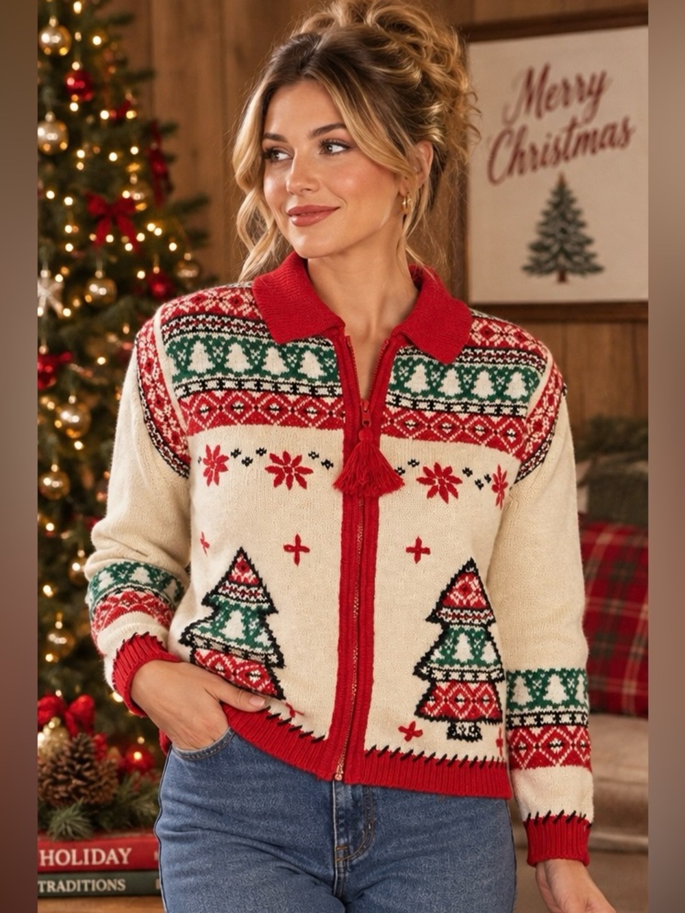 Vintage 80s 90s Yarnworks Christmas Tree Fair Isle Sweater S Full Zip Holiday